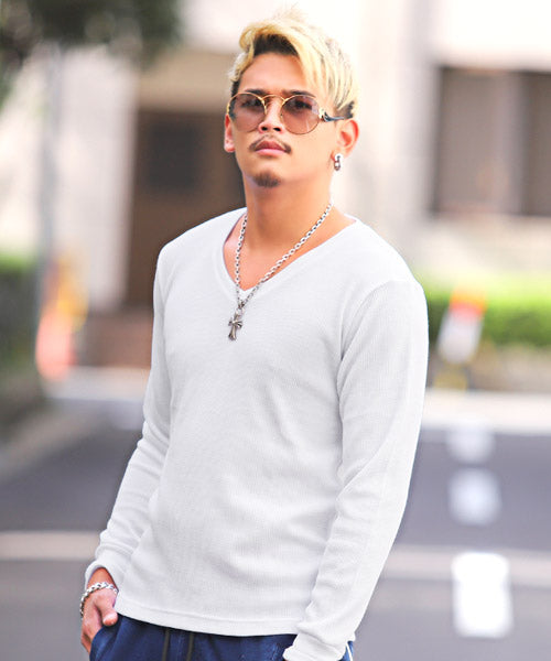 ラグスタイル LUXSTYLE ワッフルVネック長袖Tシャツ/ロンT メンズ 長袖Tシャツ ワッフル Vネック,ホワイト