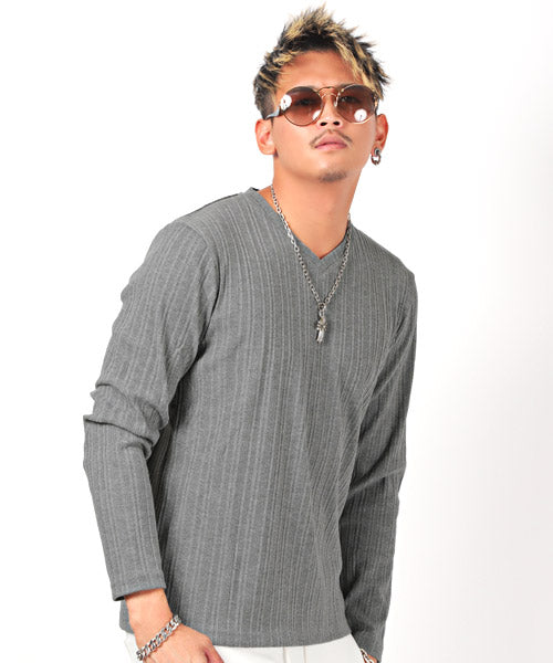 ラグスタイル LUXSTYLE VネックロングTシャツ/ロンT メンズ 長袖Tシャツ Vネック テレコ 無地,グレー(杢グレー）