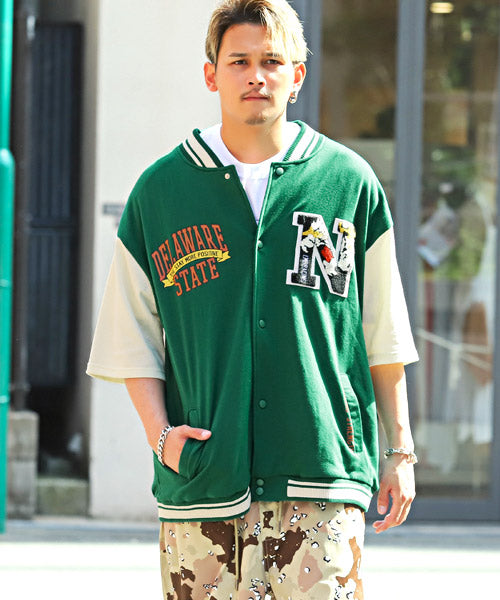 ラグスタイル LUXSTYLE T/Cミニ裏毛ワッペン半袖スタジャン/スタジャン メンズ 半袖 アウター サガラ刺繍 ワッペン ロゴ