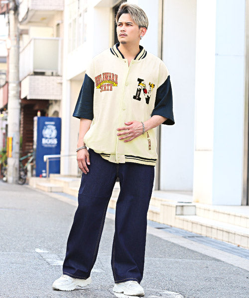 ラグスタイル LUXSTYLE T/Cミニ裏毛ワッペン半袖スタジャン/スタジャン メンズ 半袖 アウター サガラ刺繍 ワッペン ロゴ