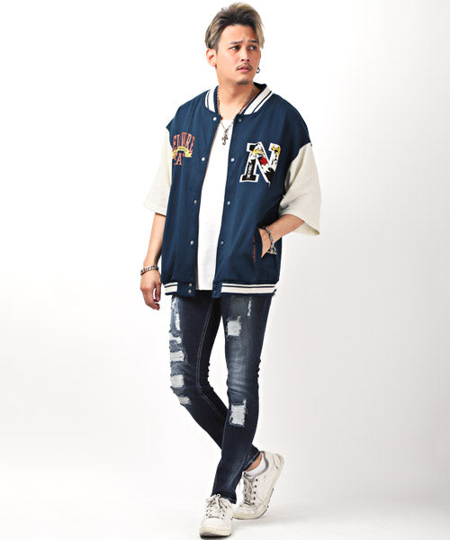 ラグスタイル LUXSTYLE T/Cミニ裏毛ワッペン半袖スタジャン/スタジャン メンズ 半袖 アウター サガラ刺繍 ワッペン ロゴ