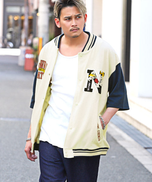 ラグスタイル LUXSTYLE T/Cミニ裏毛ワッペン半袖スタジャン/スタジャン メンズ 半袖 アウター サガラ刺繍 ワッペン ロゴ