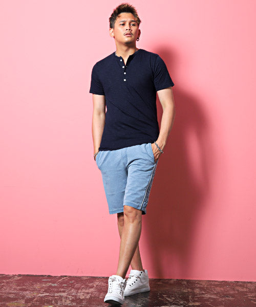 拉格風格 LUXSTYLE 粗紋天竺亨利領短袖T恤/T恤 男士 短袖 亨利領 按扣 粗紋 天竺 素色