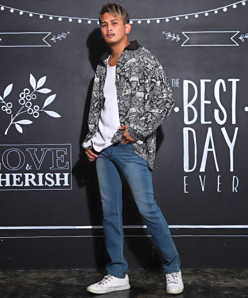 ラグスタイル LUXSTYLE 衿配色総柄プリント長袖シャツ/シャツ メンズ 長袖 バンダナ ボタニカル 総柄 プリント