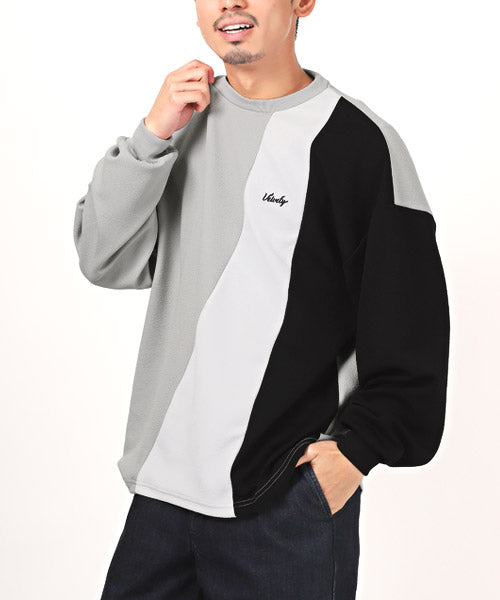 ラグスタイル LUXSTYLE 梨地ウェーブ切替デザインBIGロンT/ロンT メンズ ビッグシルエット 梨地 デザイン 切替 ロゴ プリント