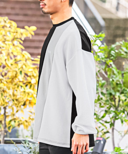 ラグスタイル LUXSTYLE 梨地ウェーブ切替デザインBIGロンT/ロンT メンズ ビッグシルエット 梨地 デザイン 切替 ロゴ プリント