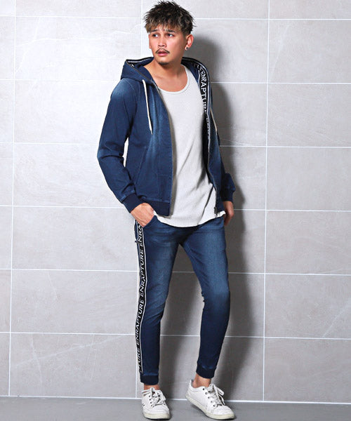 ラグスタイル LUXSTYLE カットデニムジャガードテープZIPパーカー/パーカー メンズ カットデニム ジップアップ ロゴテープ