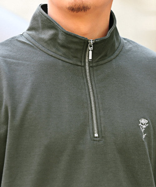 ラグスタイル LUXSTYLE バラ刺繍ハーフZIP半袖ビッグTシャツ/Tシャツ メンズ 半袖 5分袖 ハーフジップ ビッグシルエット 薔薇 刺繍 ワンポイント