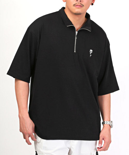 ラグスタイル LUXSTYLE バラ刺繍ハーフZIP半袖ビッグTシャツ/Tシャツ メンズ 半袖 5分袖 ハーフジップ ビッグシルエット 薔薇 刺繍 ワンポイント