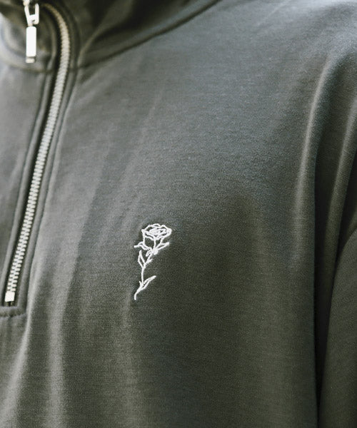 ラグスタイル LUXSTYLE バラ刺繍ハーフZIP半袖ビッグTシャツ/Tシャツ メンズ 半袖 5分袖 ハーフジップ ビッグシルエット 薔薇 刺繍 ワンポイント