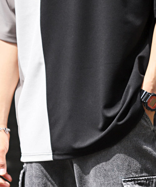 ラグスタイル LUXSTYLE カットジョーゼットカラー切替半袖Tシャツ/Tシャツ メンズ 半袖 5分袖 ビッグシルエット 梨地 ジョーゼット 配色 切替