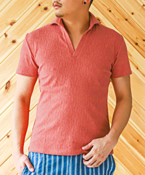 ラグスタイル LUXSTYLE ランダムクレープ半袖スキッパーポロシャツ/ポロシャツ メンズ 半袖 スキッパー ストレッチ 細身 スリム