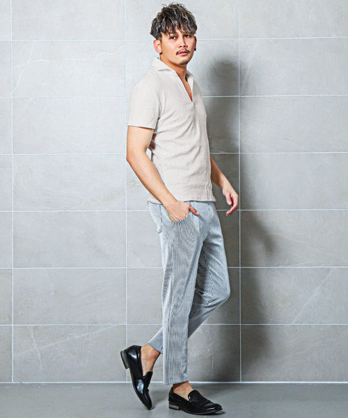 ラグスタイル LUXSTYLE ランダムクレープ半袖スキッパーポロシャツ/ポロシャツ メンズ 半袖 スキッパー ストレッチ 細身 スリム