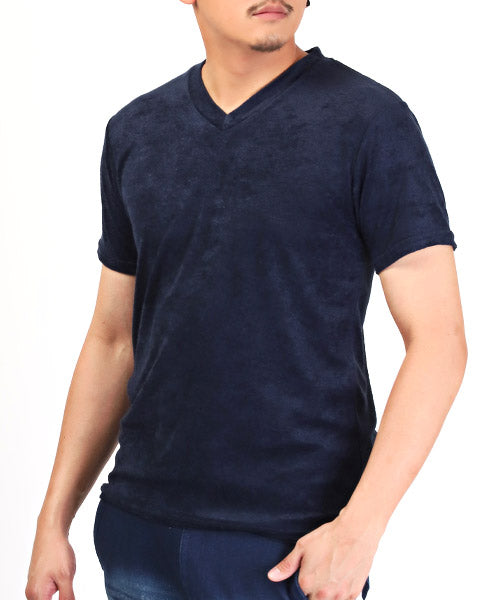 ラグスタイル LUXSTYLE パイルVネック半袖Tシャツ/Tシャツ メンズ 半袖 Vネック パイル地 タオル地 無地Tシャツ （ネイビー） ネイビー