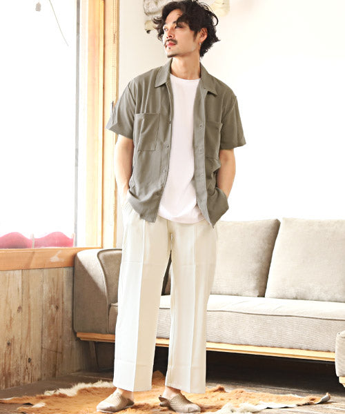 ラグスタイル LUXSTYLE 薄梨地半袖オープンシャツ/半袖シャツ メンズ オープンカラー 開襟 梨地 凸凹 とろみ感 無地 （グレージュ） グレージュ