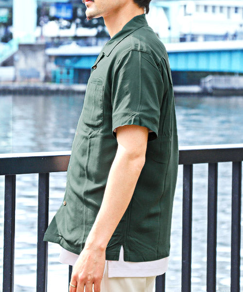 ラグスタイル LUXSTYLE レーヨン無地アロハシャツ/半袖シャツ メンズ オープンカラー アロハシャツ レーヨン 無地 薄手 （ネイビー） ネイビー