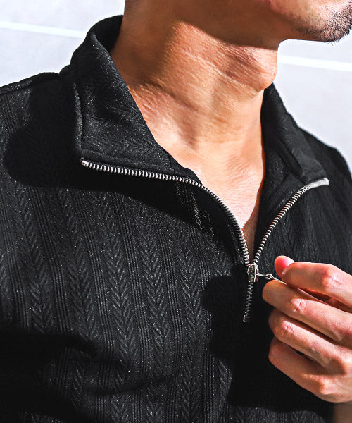 ラグスタイル LUXSTYLE ヘリンボーンジャガードハーフZIP半袖ポロシャツ/ポロシャツ メンズ 半袖 ハーフZIP トップス カットソー 無地 立て襟
