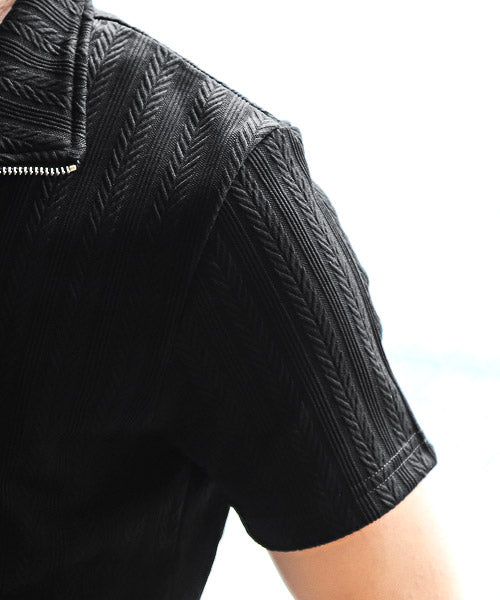 ラグスタイル LUXSTYLE ヘリンボーンジャガードハーフZIP半袖ポロシャツ/ポロシャツ メンズ 半袖 ハーフZIP トップス カットソー 無地 立て襟