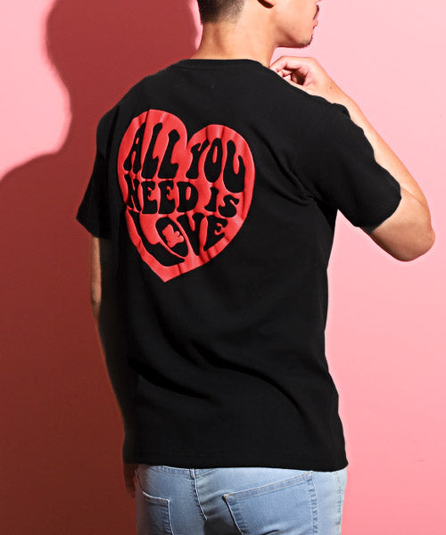 ラグスタイル LUXSTYLE Hollywood rich.&(ハリウッドリッチ)ハート刺繍発泡プリント半袖Tシャツ/Tシャツ メンズ 半袖 刺繍 ハート 発泡プリント ロゴ （2ブラック） 2ブラック