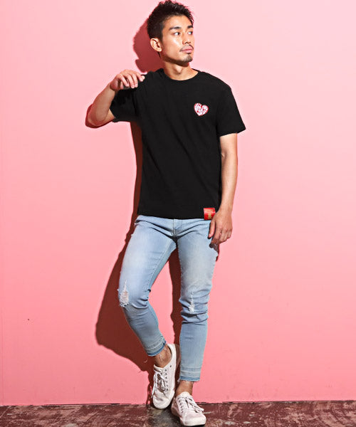 ラグスタイル LUXSTYLE Hollywood rich.&(ハリウッドリッチ)ハート刺繍発泡プリント半袖Tシャツ/Tシャツ メンズ 半袖 刺繍 ハート 発泡プリント ロゴ （2ブラック） 2ブラック