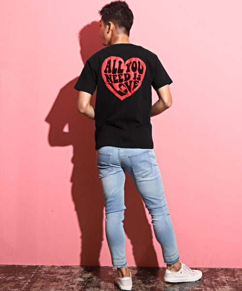 ラグスタイル LUXSTYLE Hollywood rich.&(ハリウッドリッチ)ハート刺繍発泡プリント半袖Tシャツ/Tシャツ メンズ 半袖 刺繍 ハート 発泡プリント ロゴ （2ブラック） 2ブラック