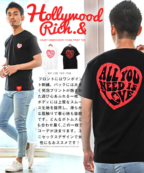 ラグスタイル LUXSTYLE Hollywood rich.&(ハリウッドリッチ)ハート刺繍発泡プリント半袖Tシャツ/Tシャツ メンズ 半袖 刺繍 ハート 発泡プリント ロゴ （2ブラック） 2ブラック