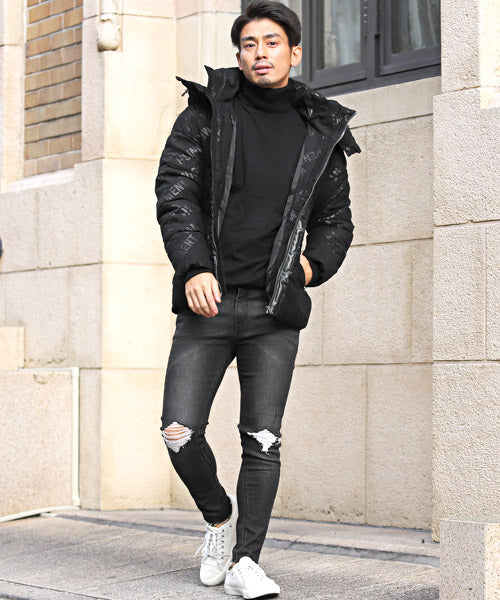 拉格風格 LUXSTYLE 壓紋絨毛帽可拆卸中綿外套/中綿夾克 男士外套 假麂皮 標誌 全圖案 帽子可拆卸