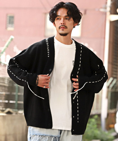 拉格風格 LUXSTYLE 縫線設計鈕扣開衫/開衫 男士 毛衣 超大碼 縫線 線條 鈕扣