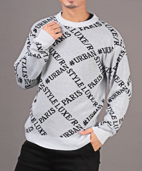 LUXSTYLE LUXE/R Logo All-Over Pattern Jacquard Knit / Knit Men's Sweater Crew Neck Logo All-Over Pattern
