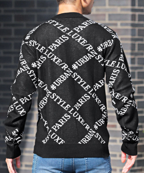 LUXSTYLE LUXE/R Logo All-Over Pattern Jacquard Knit / Knit Men's Sweater Crew Neck Logo All-Over Pattern