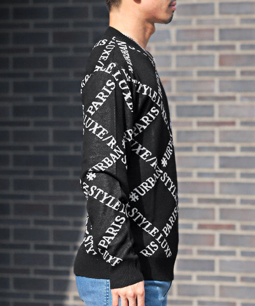 LUXSTYLE LUXE/R Logo All-Over Pattern Jacquard Knit / Knit Men's Sweater Crew Neck Logo All-Over Pattern