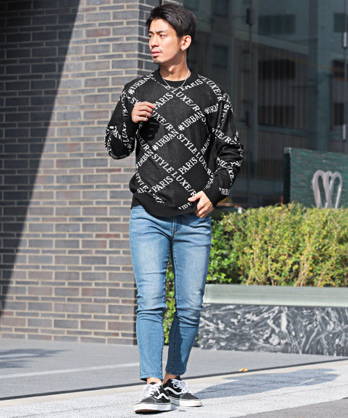 LUXSTYLE LUXE/R Logo All-Over Pattern Jacquard Knit / Knit Men's Sweater Crew Neck Logo All-Over Pattern