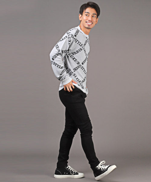 LUXSTYLE LUXE/R Logo All-Over Pattern Jacquard Knit / Knit Men's Sweater Crew Neck Logo All-Over Pattern