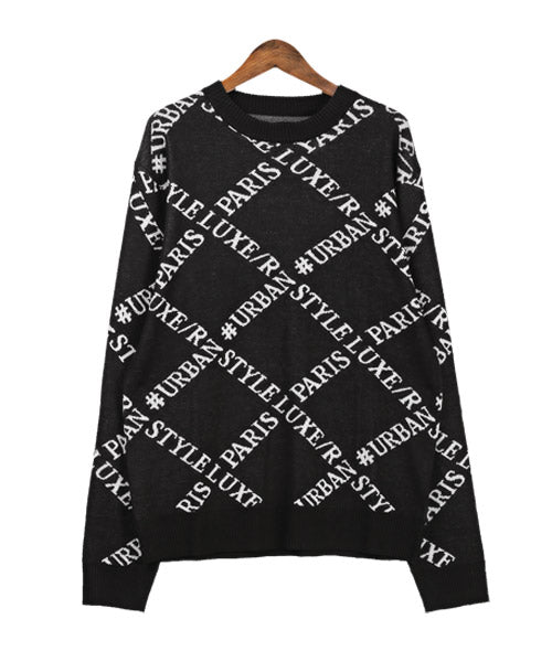 LUXSTYLE LUXE/R Logo All-Over Pattern Jacquard Knit / Knit Men's Sweater Crew Neck Logo All-Over Pattern