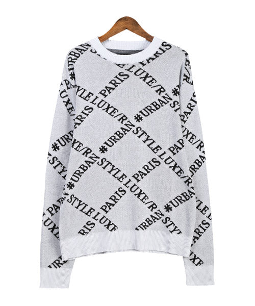 LUXSTYLE LUXE/R Logo All-Over Pattern Jacquard Knit / Knit Men's Sweater Crew Neck Logo All-Over Pattern
