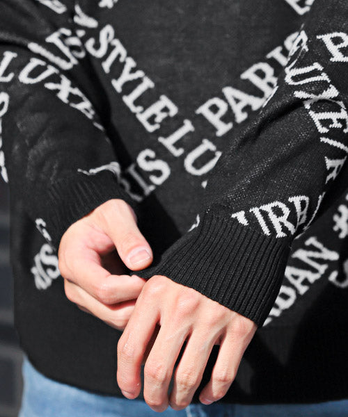 LUXSTYLE LUXE/R Logo All-Over Pattern Jacquard Knit / Knit Men's Sweater Crew Neck Logo All-Over Pattern