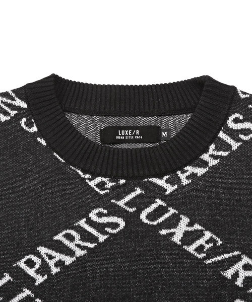 LUXSTYLE LUXE/R Logo All-Over Pattern Jacquard Knit / Knit Men's Sweater Crew Neck Logo All-Over Pattern
