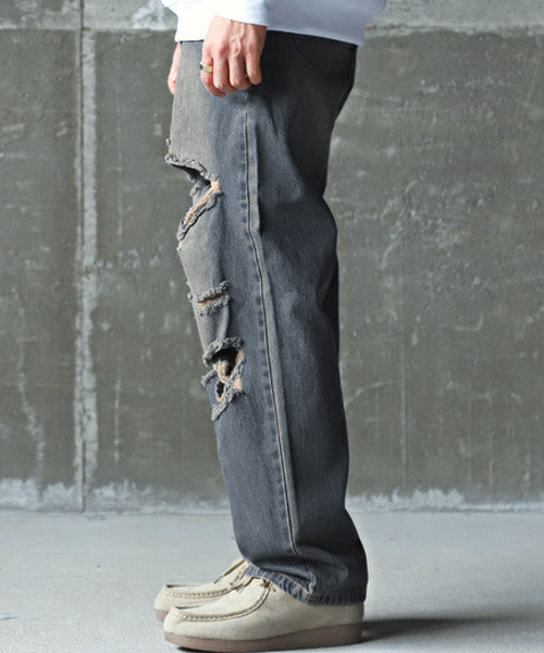 ラグスタイル LUXSTYLE ダメージデニムバギーパンツ/デニムパンツ メンズ ワイド バギーパンツ ダメージ ジーンズ （1サックス） 1サックス