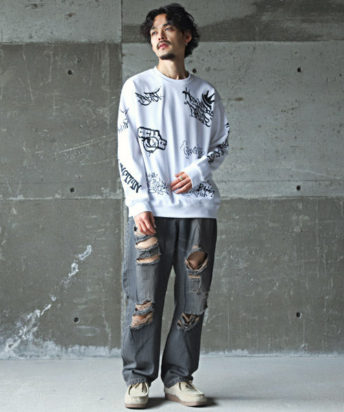 ラグスタイル LUXSTYLE ダメージデニムバギーパンツ/デニムパンツ メンズ ワイド バギーパンツ ダメージ ジーンズ （1サックス） 1サックス