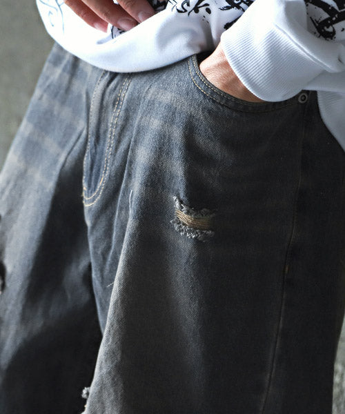 ラグスタイル LUXSTYLE ダメージデニムバギーパンツ/デニムパンツ メンズ ワイド バギーパンツ ダメージ ジーンズ （1サックス） 1サックス