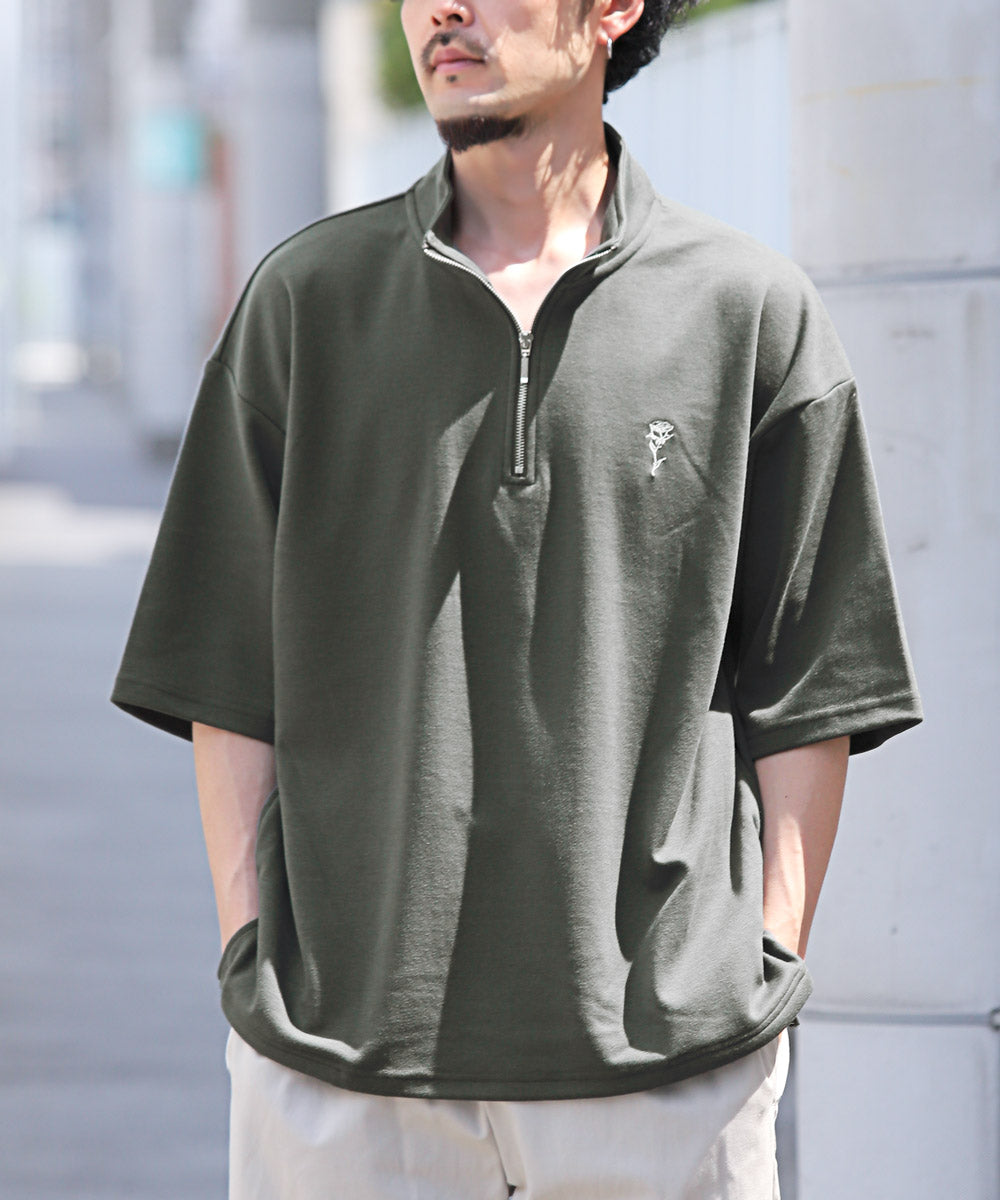 拉格風格 LUXSTYLE 半拉鍊刺繡立領短袖T恤/T恤 男士 短袖 半拉鍊 ZIP 玫瑰 刺繡 標誌 上衣 立領