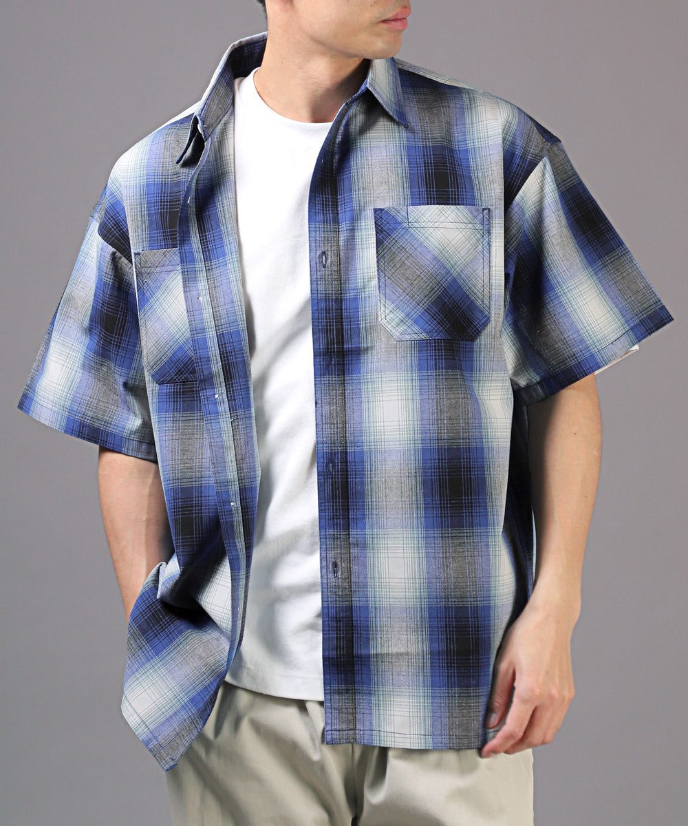 ラグスタイル LUXSTYLE 接触冷感オンブレチェック半袖シャツ/半袖シャツ メンズ チェックシャツ ビッグシルエット 春夏 全4色 接触冷感