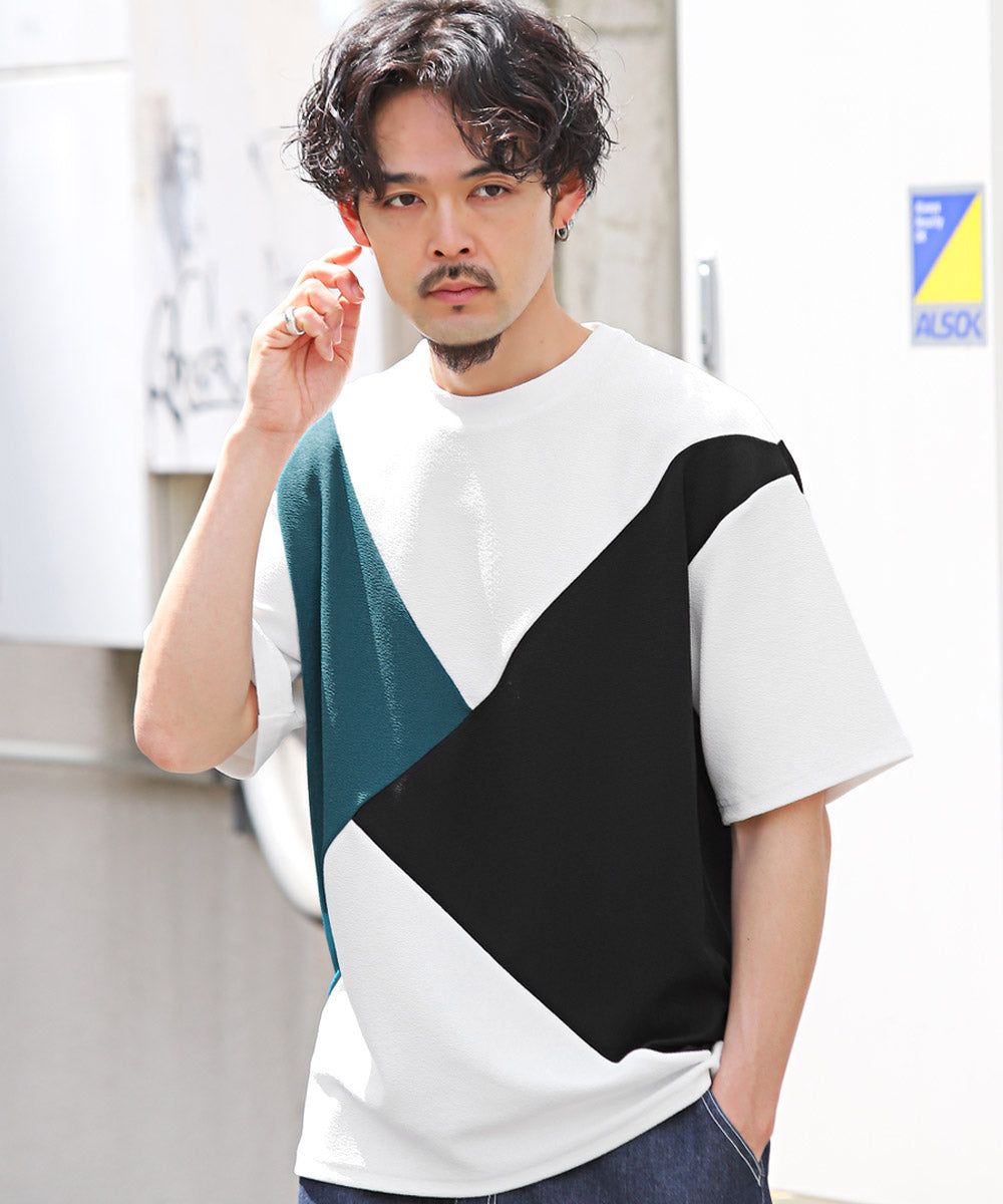 ラグスタイル LUXSTYLE 梨地カラー切り替え半袖Tシャツ/Tシャツ 半袖 メンズ レディース 半袖Tシャツ 春 夏 ビッグシルエット バイカラー