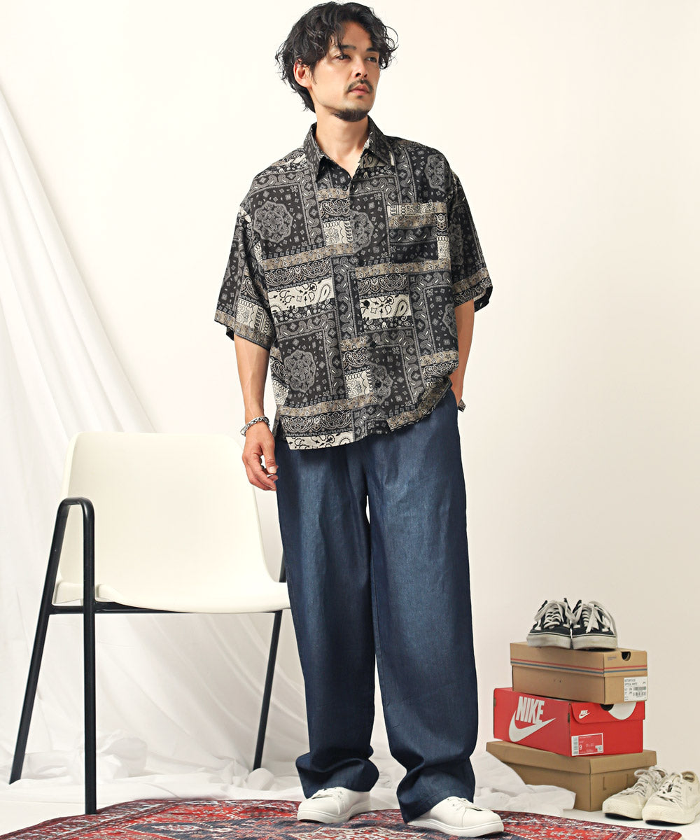 ラグスタイル LUXSTYLE 総柄プリント半袖レーヨンシャツ/半袖シャツ カジュアルシャツ メンズシャツ レーヨン 柄シャツ メンズ