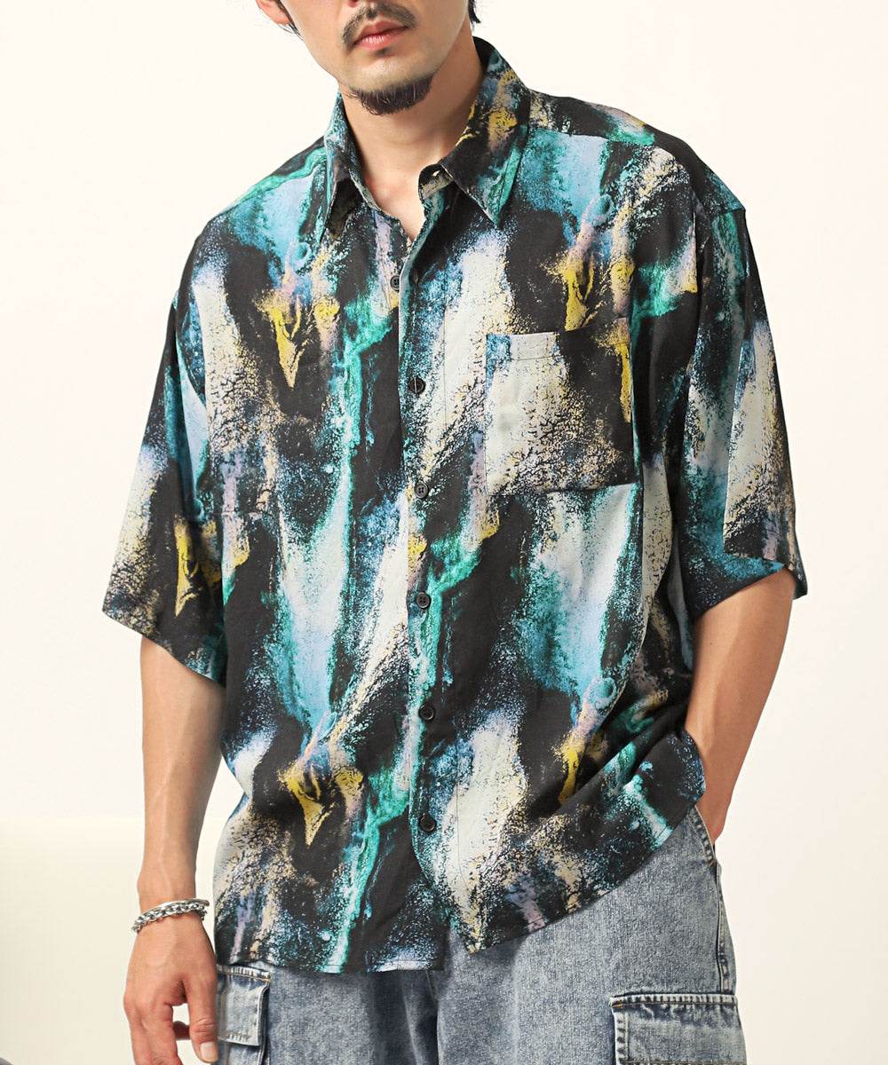 ラグスタイル LUXSTYLE 総柄プリント半袖レーヨンシャツ/半袖シャツ カジュアルシャツ メンズシャツ レーヨン 柄シャツ メンズ