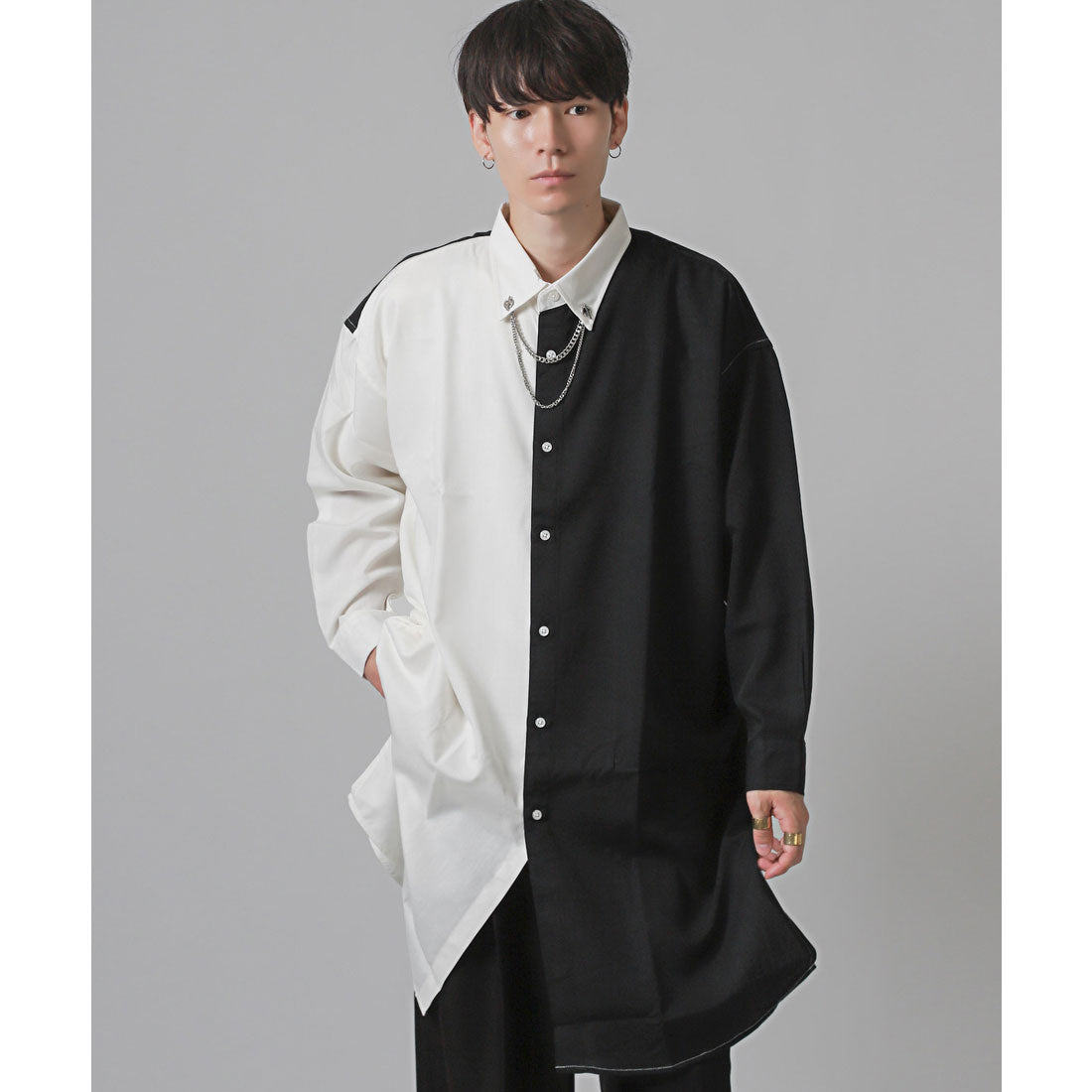 ラグスタイル LUXSTYLE チェーンネックカラーピン付き無地ロング丈長袖シャツ