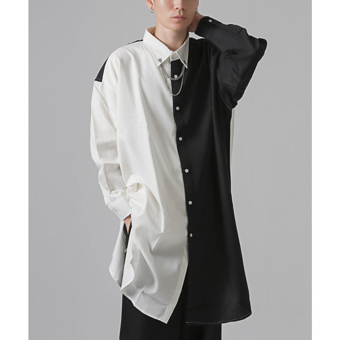 LUXSTYLE Rag Style Plain Long Sleeve Shirt with Chain Neck Color Pin