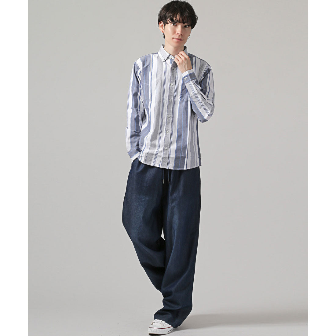 拉格風格 LUXSTYLE 總柄鈕扣長袖襯衫/鈕扣胸口口袋 條紋 格子 總柄 平織布料