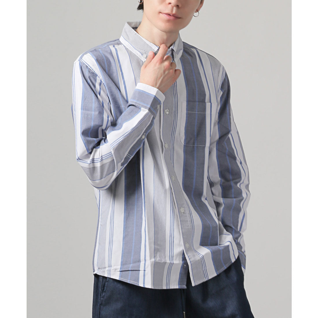 拉格風格 LUXSTYLE 總柄鈕扣長袖襯衫/鈕扣胸口口袋 條紋 格子 總柄 平織布料