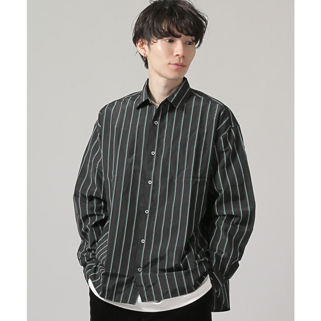 拉格風格 LUXSTYLE 總圖案常規領長袖襯衫/常規領 胸口袋 條紋 格子 總圖案 平紋布料